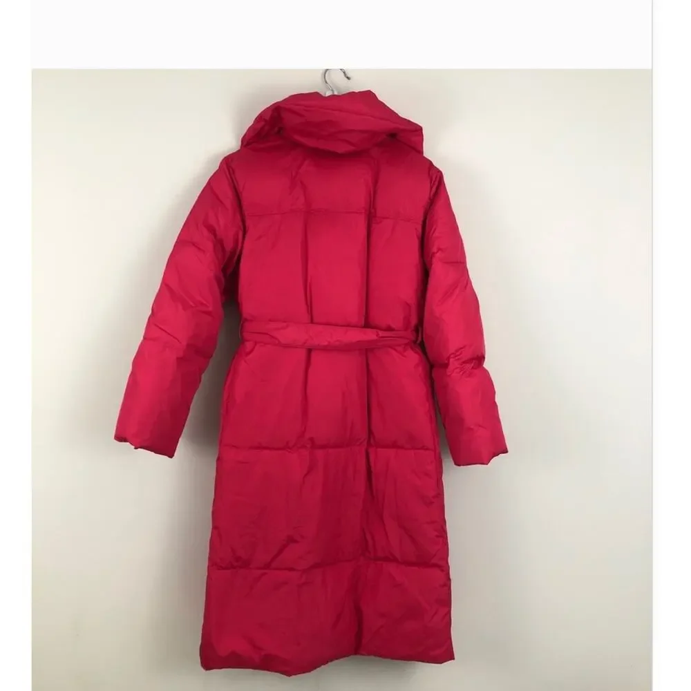 J Crew Long Belted Puffer Coat XS Rose Pink Puffy Insulated Warm Cozy AF015